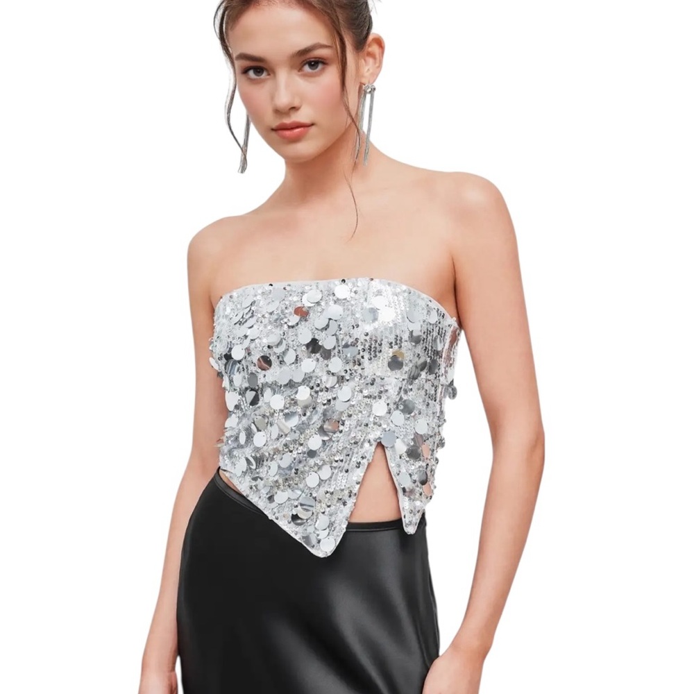 Cider Silver Sequin Crop Top XS